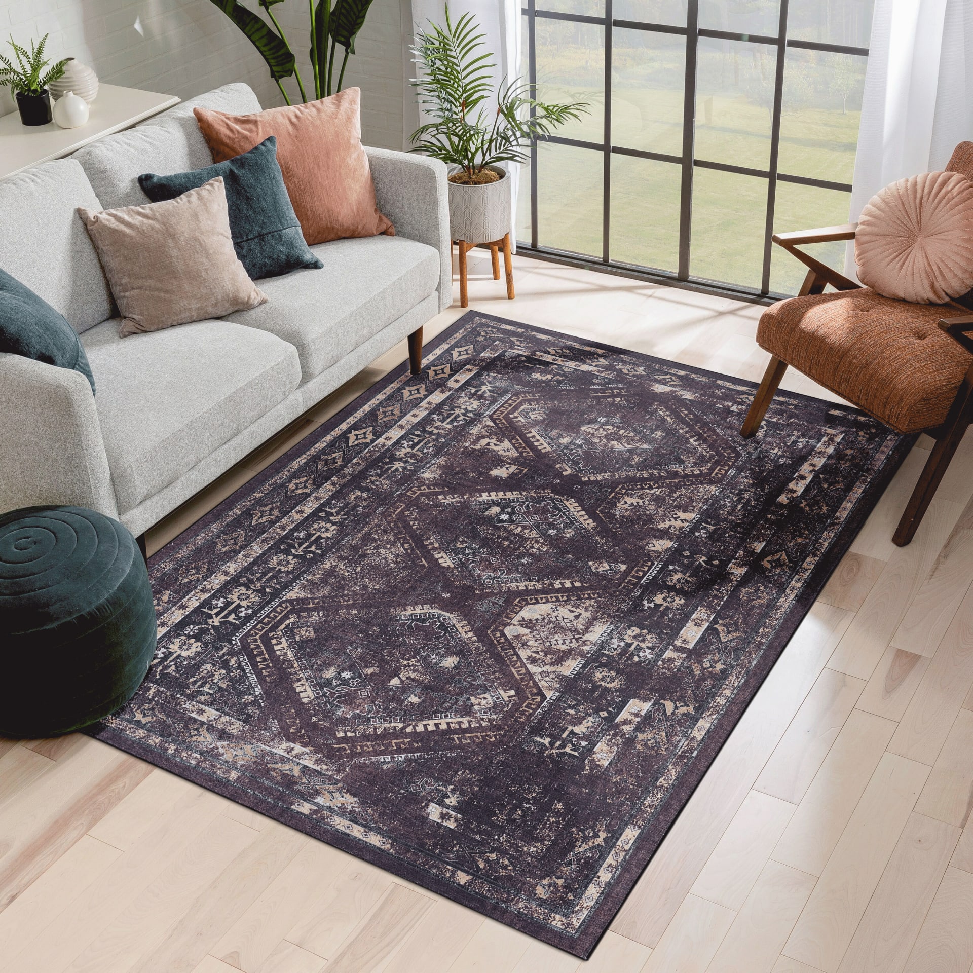 MAVAL Black Washable Rug 6' X 9' Runner Rug  Black Burgundy, 6' X 9' view 1