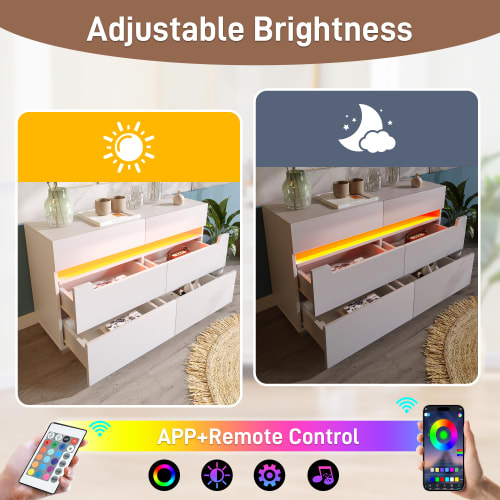 Sideboard Cabinet Dresser With 6 Drawers,Storage With RGB LED App Control, Sideboard With Cut-out Handles, 6-drawers Chest Of Drawers, 71 X 120 X 40 Cm, White view 13