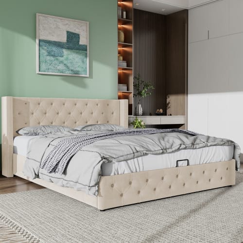 Upholstered Bed, With Hydraulic Lever, Functional Bed From Storage, 150 X 200 Cm, Without Mattress, Velvet, Beige view 3