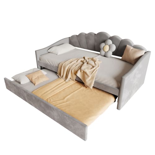Upholstered Bed, 3FT Single Bed 90x190cm, Bottom With Trundle Bed 90x190cm, Daybed Sofa Bed, Youth Bed, For Adults & Teenagers, Easy Assembly, Velvet, Grey view 11