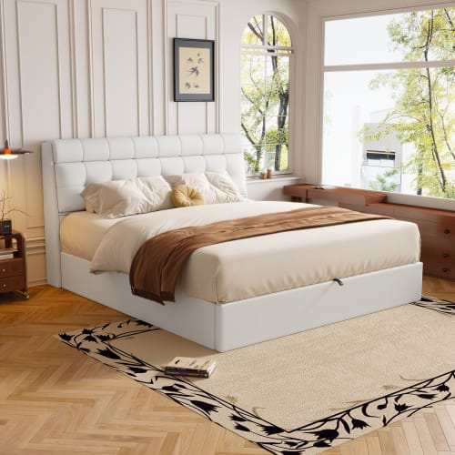 Fashion Upholstered Bed,150x200  5ft, King Bed,Hydraulic Bed,Concealed Headboard Storage,Bed Box Storage,PU,With Slats And Headboard,Without Mattress,Cream White view 5