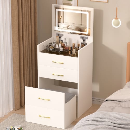 3 In 1 Vanity Desk With Open Top Mirror,Small Make Up Vanity Set With Visible Glass Desktop,Compact Makeup Vanity With 3 Drawers,Dressing Table For Bedroom view 6