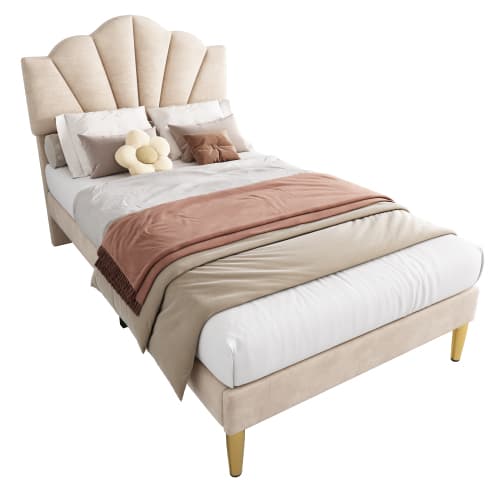 Velvet Upholstered Bed,Single Bed-3ft 90x190cm, Shell-like Bed With Golden Iron Legs, Wooden Slatted Frame, Upholstered Bench With Storage Space 90x40x42cm view 9