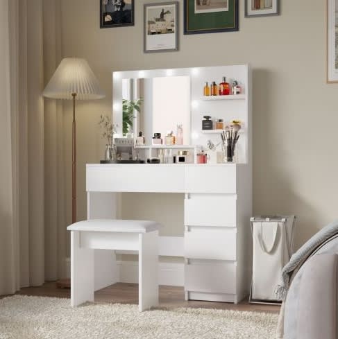 Vanity, Makeup Vanity Desk Set With Mirror & Light, Dressing Table Storage Lots With Power Strip, 3 Lighting Modes With Adjustable Brightness, 37 Inches White With Stool view 5