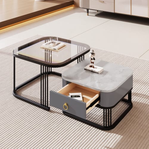 Nestable Coffee Table High Gloss Marble Exterior, Gold Accents, Side Table With Drawer. Set Of Two view 32