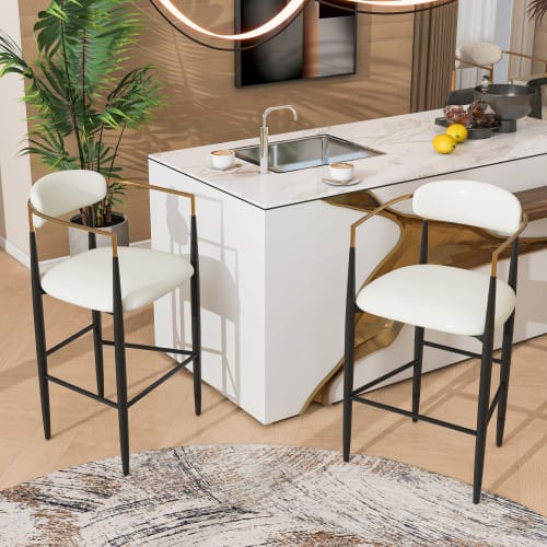 Barstools Set Of 2, Counter Height Upholstered Bar Stools With Back For Kitchen Island, Beige Faux PU Leather Seating Black Iron Legs 260LBS Weight Capacity view 21