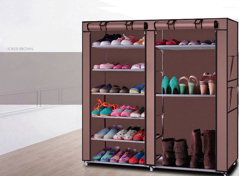 Double Row 9-grid Non-woven Shoe Cabinet Boots In Coffee Color view 6