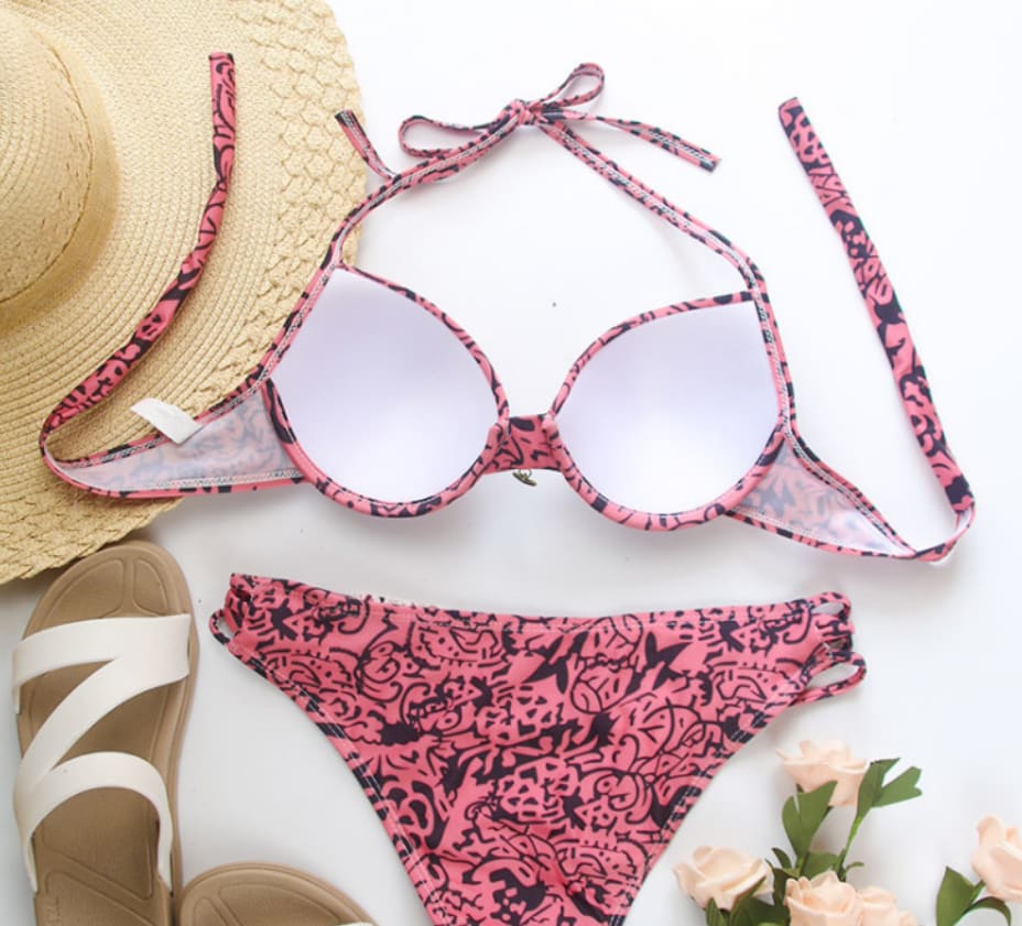 Pink hard bag lace bikini view 4