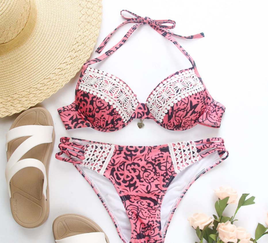 Pink hard bag lace bikini view 3