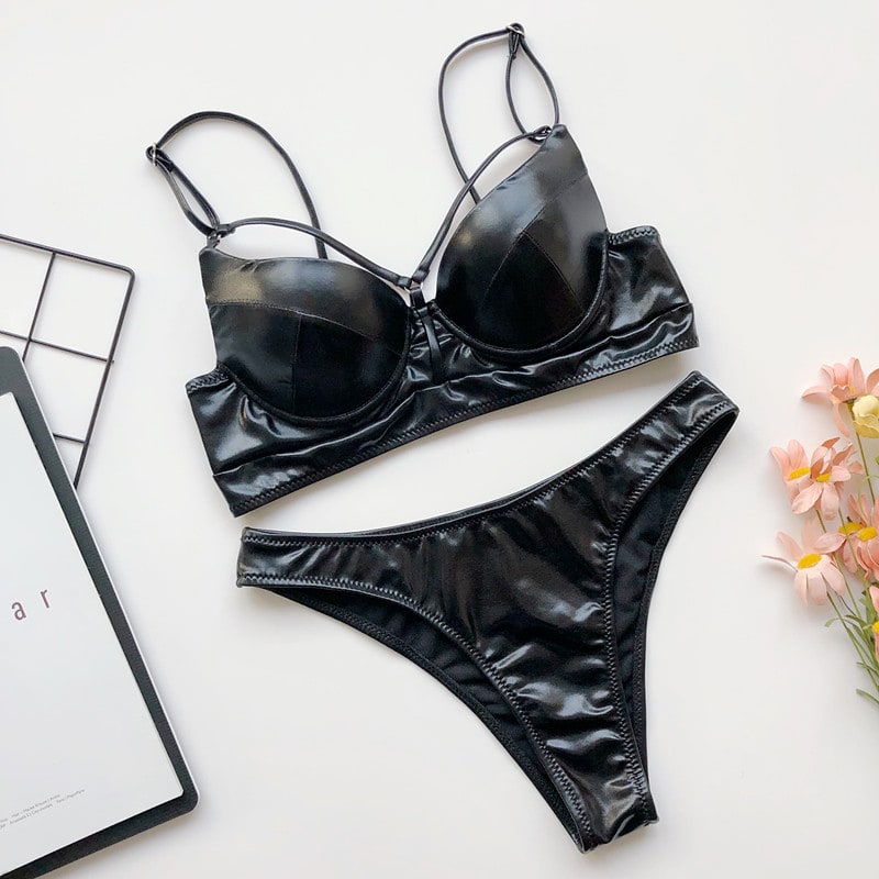Plain bright leather bikini view 4