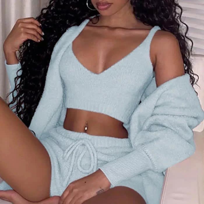 3pcs Womens Clothing Long Sleeve Crop Tank Top And Drawstring Shorts Pajama Set view 9