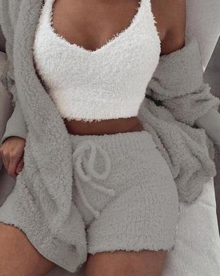 3pcs Womens Clothing Long Sleeve Crop Tank Top And Drawstring Shorts Pajama Set view 8