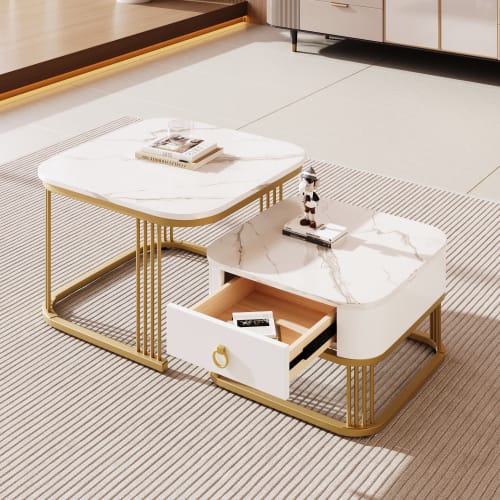 Nestable Coffee Table High Gloss Marble Exterior, Gold Accents, Side Table With Drawer. Set Of Two view 5
