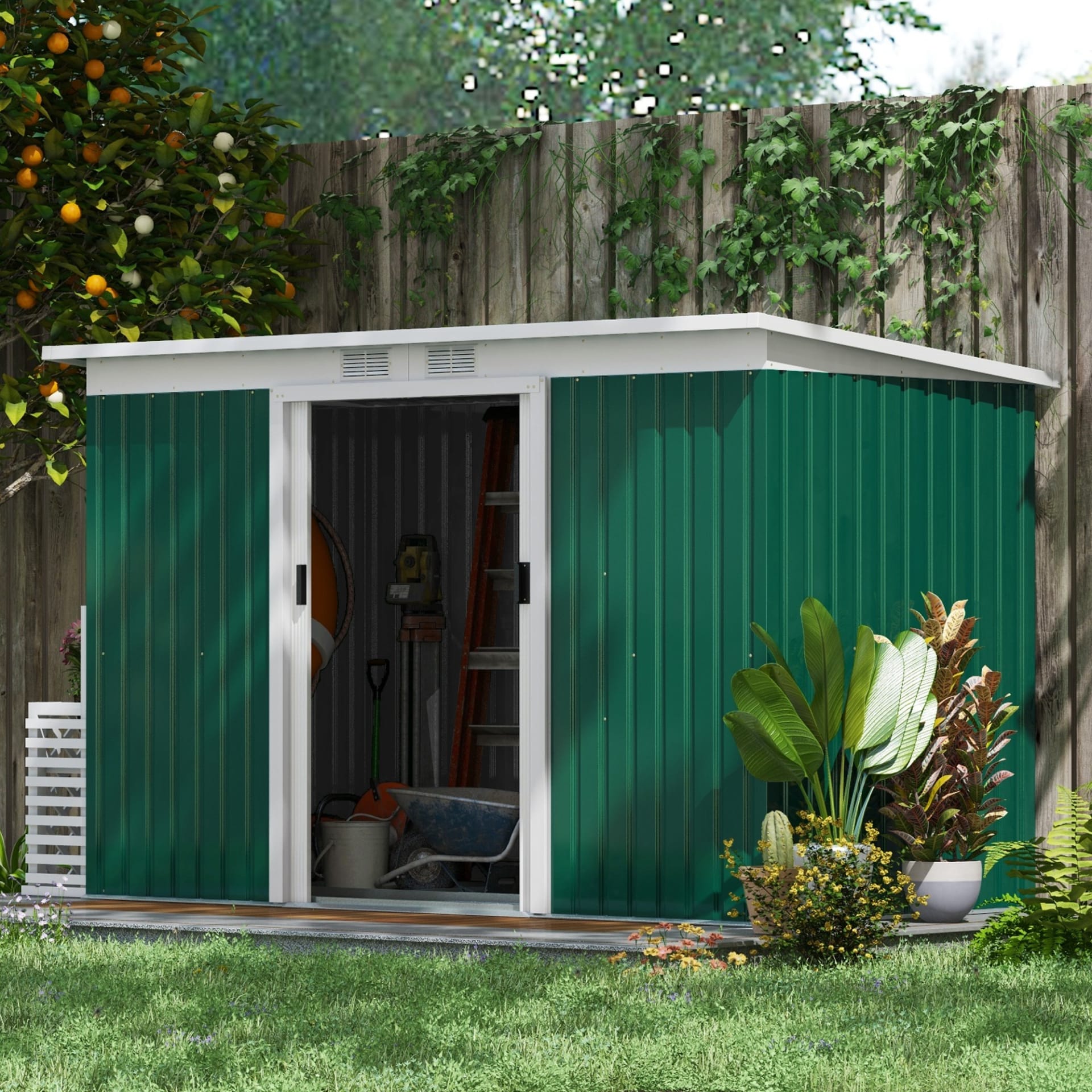9'x4.5'x5.5' Rust Resistant Metal Garden Shed, Vented, Green White, Perfect For Backyard Lawn Tool Storage  Garden Essentials view 5