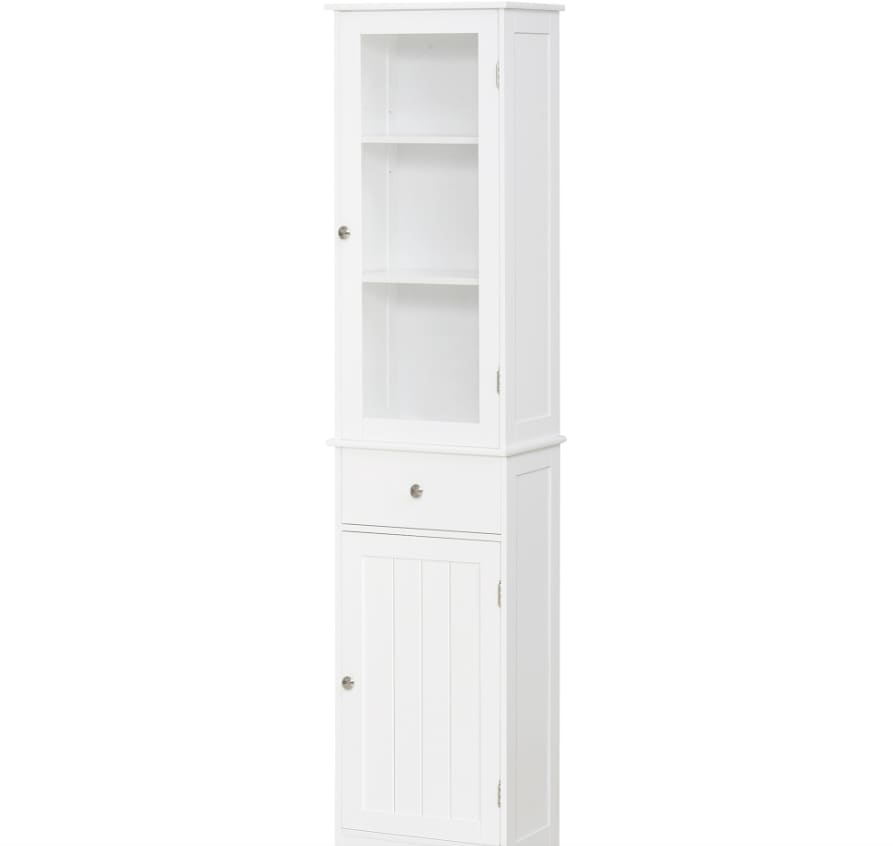 Kleankin Slim Bathroom Storage Cabinet Tall Narrow Linen Tower With Acrylic Door Drawer And Shelves White view 9