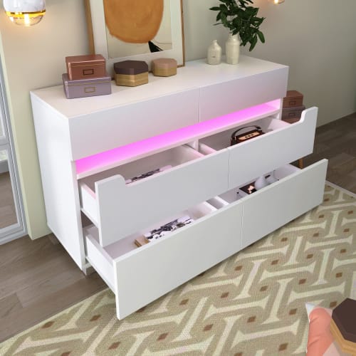 Sideboard Cabinet Dresser With 6 Drawers,Storage With RGB LED App Control, Sideboard With Cut-out Handles, 6-drawers Chest Of Drawers, 71 X 120 X 40 Cm, White view 2