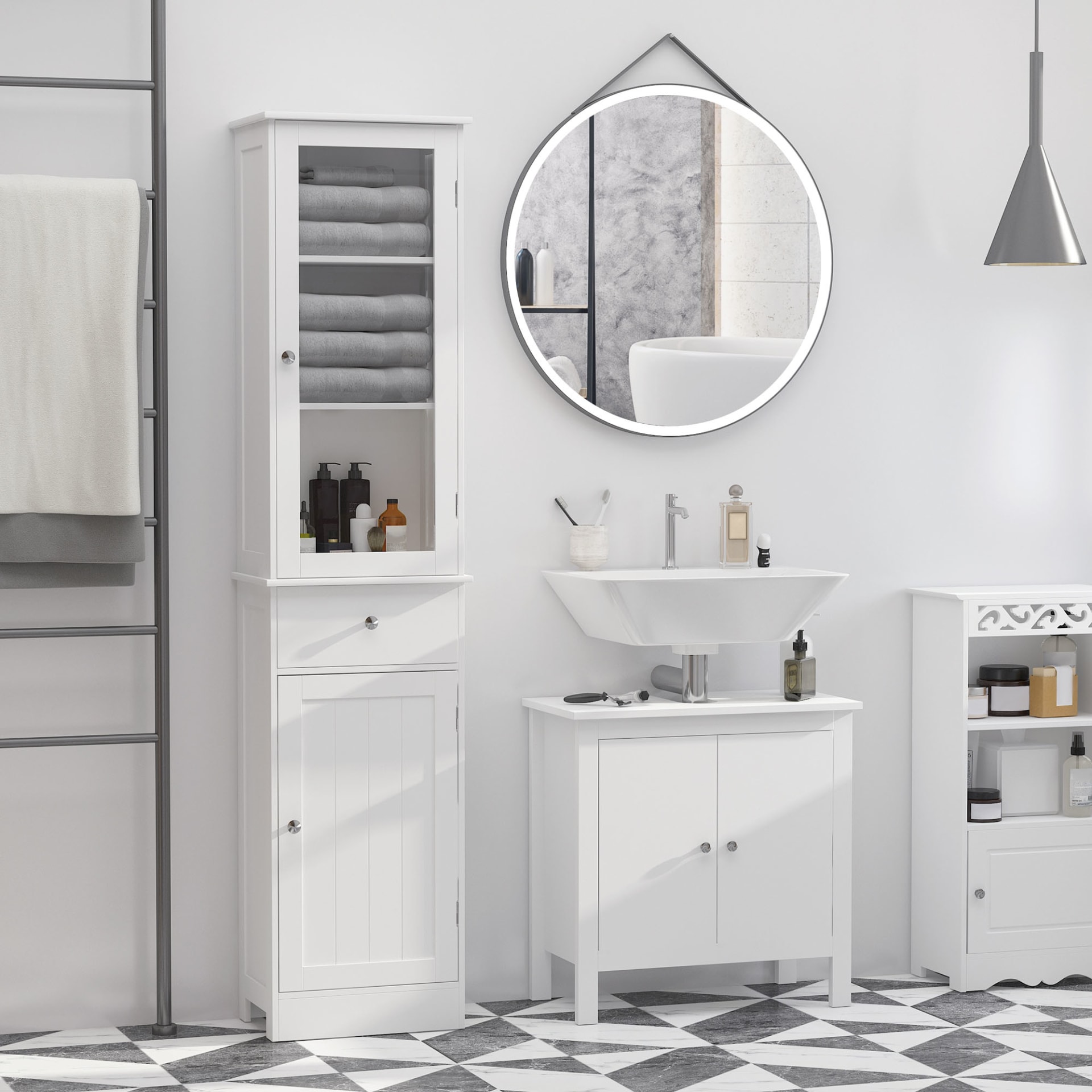 Kleankin Slim Bathroom Storage Cabinet Tall Narrow Linen Tower With Acrylic Door Drawer And Shelves White view 1