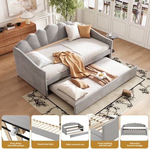 Upholstered Bed, 3FT Single Bed 90x190cm, Bottom With Trundle Bed 90x190cm, Daybed Sofa Bed, Youth Bed, For Adults & Teenagers, Easy Assembly, Velvet, Grey view 3