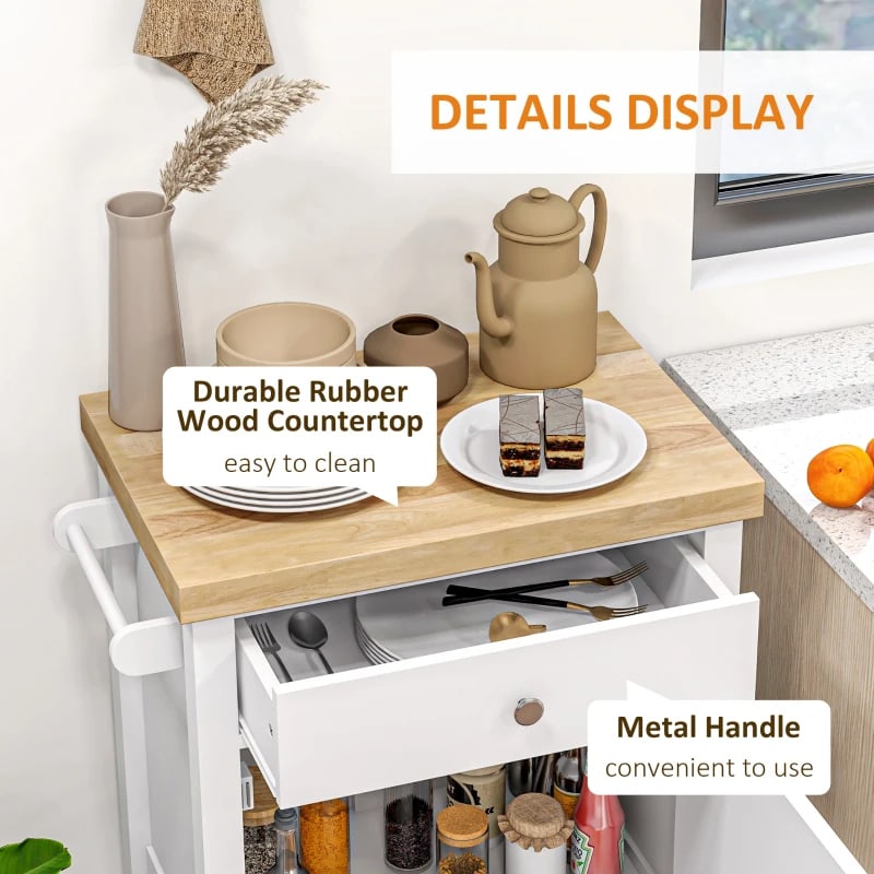 Kitchen Island On Wheels, Rolling Kitchen Cart With Rubberwood Top, Drawer, Wine Rack And Cabinet, White view 6
