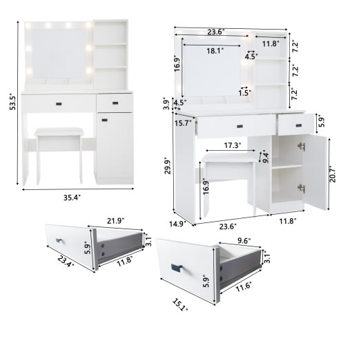 Vanity Desk With Lights, Vanity Set With Mirror, Makeup Vanity Desk With Large Drawers  Three Level Storage Dreeser, VanitysVanities With 3 Lights Brightness Adjustable For Bedroom, White view 6
