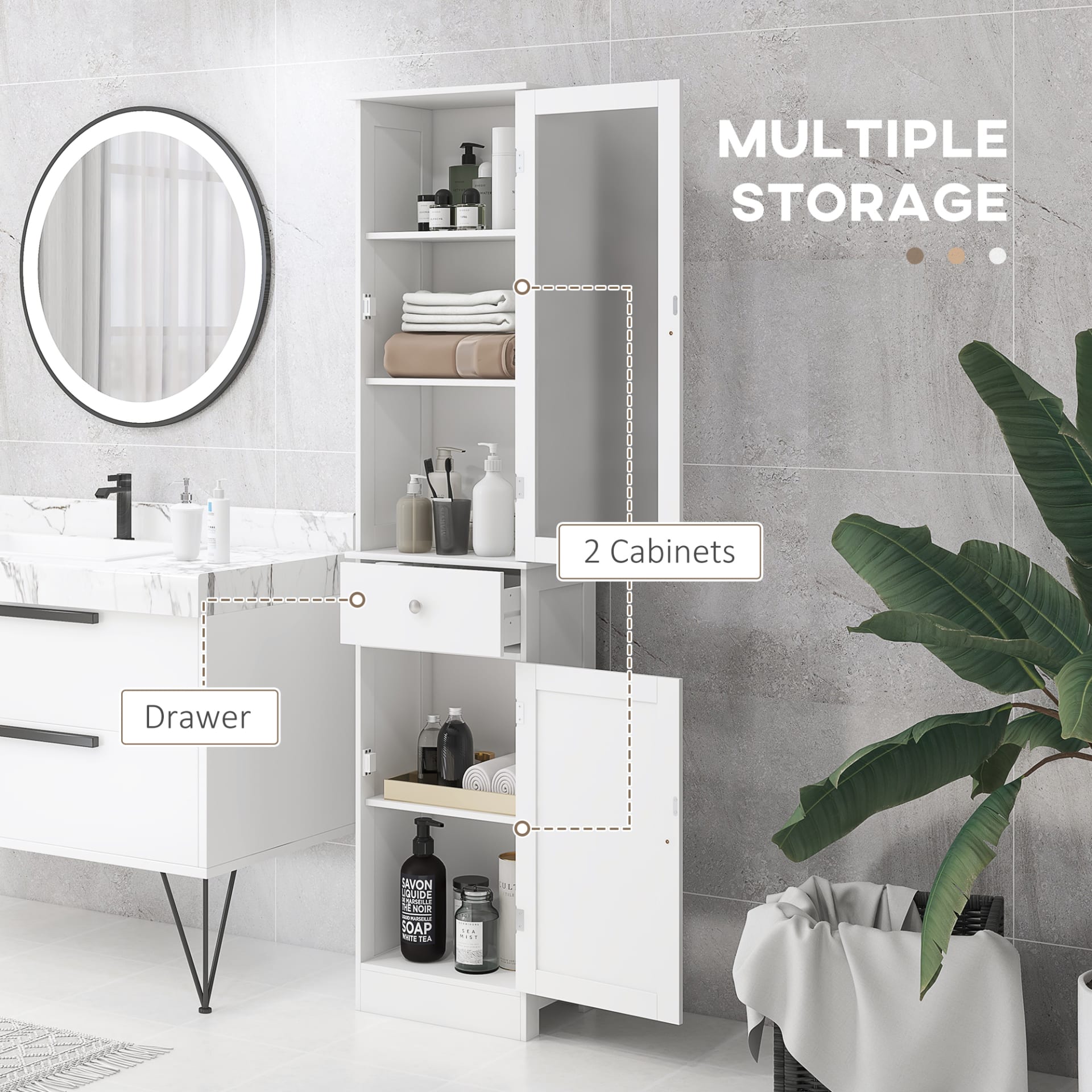 Kleankin Slim Bathroom Storage Cabinet Tall Narrow Linen Tower With Acrylic Door Drawer And Shelves White view 6