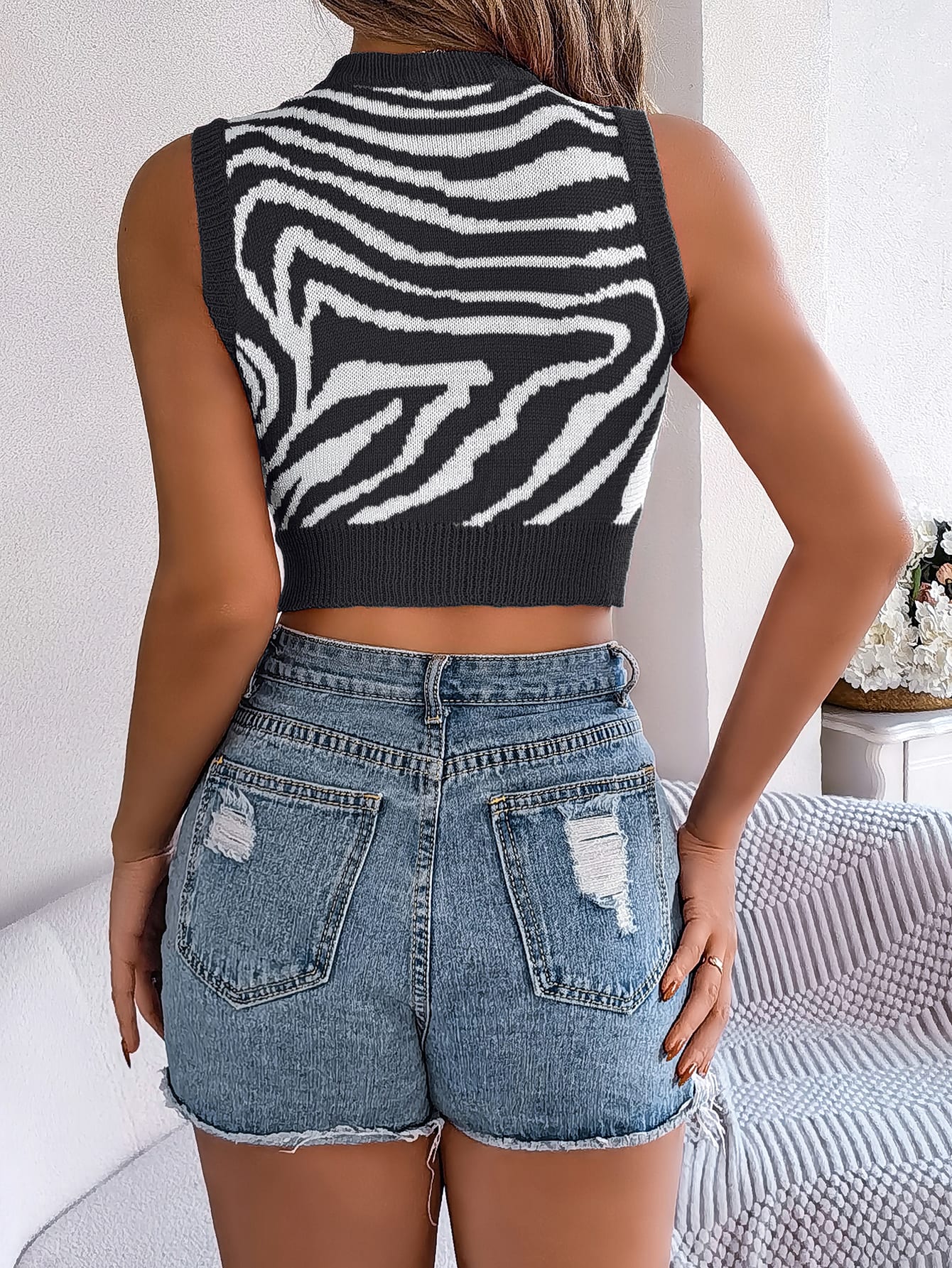 Women S Color Block Zebra Print Hollow Out Cropped Knit  Vacation Top view 14