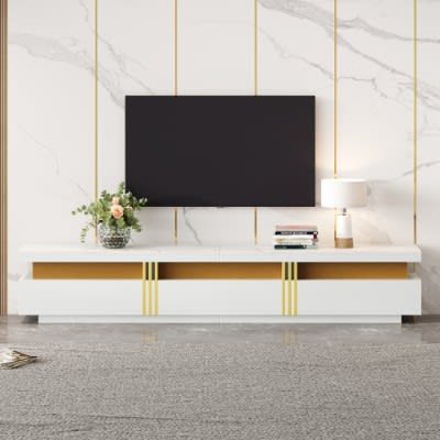 Luxury TV Stand With Faux Marble Top, TV Cabinet Golden Panel Design, And 3 Drawers For Televisions Up To 89'', Rectangle Media Console, Practical Entertainment Center For Living Room, White view 6