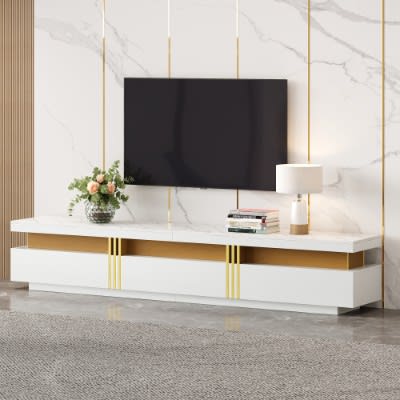 Luxury TV Stand With Faux Marble Top, TV Cabinet Golden Panel Design, And 3 Drawers For Televisions Up To 89'', Rectangle Media Console, Practical Entertainment Center For Living Room, White view 4