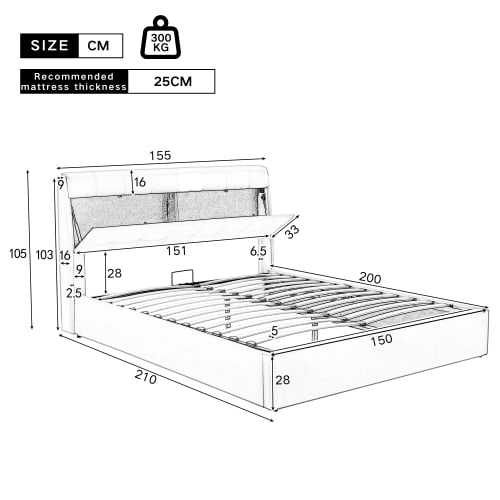 Fashion Upholstered Bed,150x200  5ft, King Bed,Hydraulic Bed,Concealed Headboard Storage,Bed Box Storage,PU,With Slats And Headboard,Without Mattress,Cream White view 12