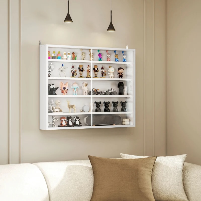 5-Tier Display Cabinet, Wall-Mounted Display Case With 2 Glass Doors And Adjustable Shelves, White view 1