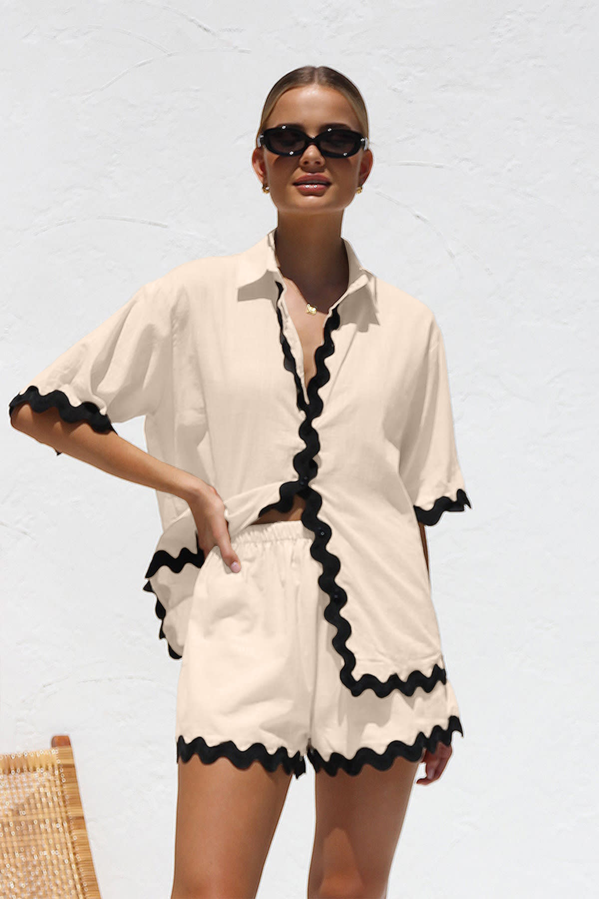2Pcs Summer Shirt Suit With Short-sleeved V-neck Shirt And Shorts Fashion Wave Print Suits For Womens Clothing view 6
