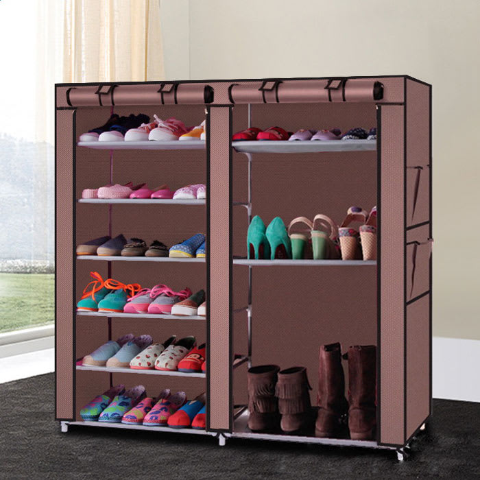 Double Row 9-grid Non-woven Shoe Cabinet Boots In Coffee Color view 4