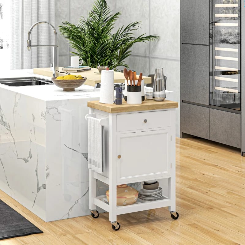 Kitchen Island On Wheels, Rolling Kitchen Cart With Rubberwood Top, Drawer, Wine Rack And Cabinet, White view 2