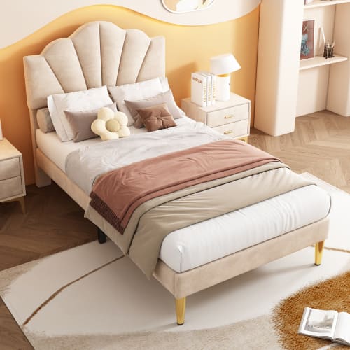 Velvet Upholstered Bed,Single Bed-3ft 90x190cm, Shell-like Bed With Golden Iron Legs, Wooden Slatted Frame, Upholstered Bench With Storage Space 90x40x42cm view 2