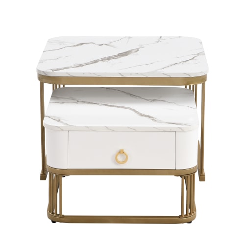 Nestable Coffee Table High Gloss Marble Exterior, Gold Accents, Side Table With Drawer. Set Of Two view 6