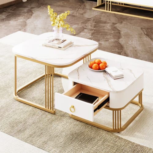 Nestable Coffee Table High Gloss Marble Exterior, Gold Accents, Side Table With Drawer. Set Of Two view 19