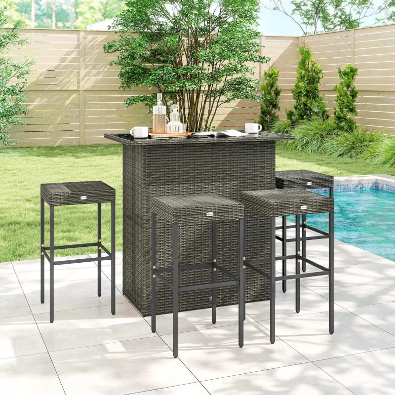 Outsunny 5 Piece Rattan Wicker Bar Set, High Top Outdoor Table And Chairs, Bar Height Patio Set, 2 Shelves & 4 Bar Stools, GrayMultiple Packages view 3
