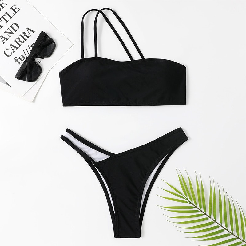 Sexy One-shoulder Bikini Set Summer Solid Color Swimsuit Beach Party Womens Clothing view 5