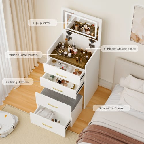 3 In 1 Vanity Desk With Open Top Mirror,Small Make Up Vanity Set With Visible Glass Desktop,Compact Makeup Vanity With 3 Drawers,Dressing Table For Bedroom view 9