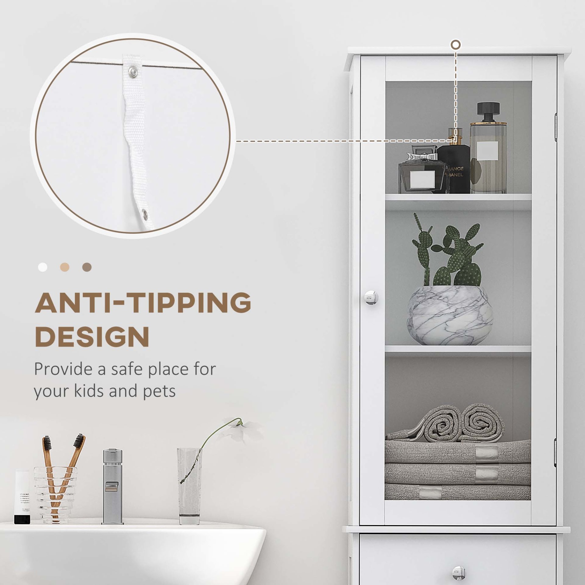 Kleankin Slim Bathroom Storage Cabinet Tall Narrow Linen Tower With Acrylic Door Drawer And Shelves White view 4