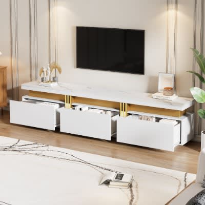 Luxury TV Stand With Faux Marble Top, TV Cabinet Golden Panel Design, And 3 Drawers For Televisions Up To 89'', Rectangle Media Console, Practical Entertainment Center For Living Room, White view 5