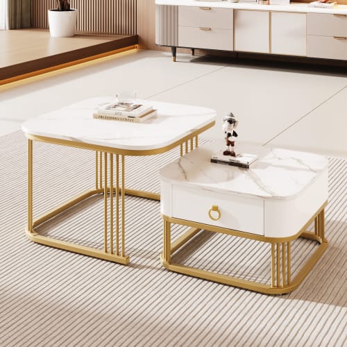 Nestable Coffee Table High Gloss Marble Exterior, Gold Accents, Side Table With Drawer. Set Of Two view 13