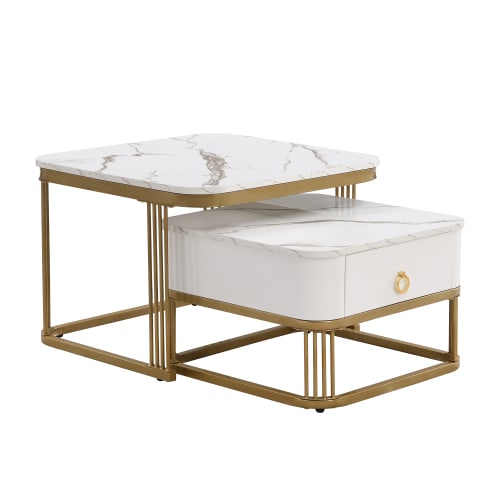 Nestable Coffee Table High Gloss Marble Exterior, Gold Accents, Side Table With Drawer. Set Of Two view 26