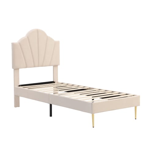 Velvet Upholstered Bed,Single Bed-3ft 90x190cm, Shell-like Bed With Golden Iron Legs, Wooden Slatted Frame, Upholstered Bench With Storage Space 90x40x42cm view 4