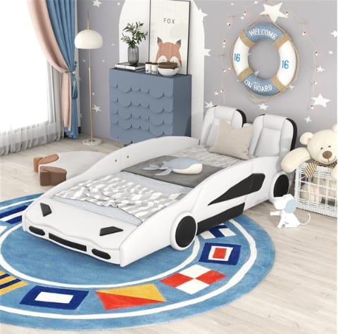 Double Race Platform Bed With Wheels, White view 2