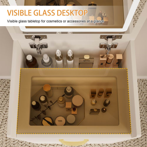 3 In 1 Vanity Desk With Open Top Mirror,Small Make Up Vanity Set With Visible Glass Desktop,Compact Makeup Vanity With 3 Drawers,Dressing Table For Bedroom view 7