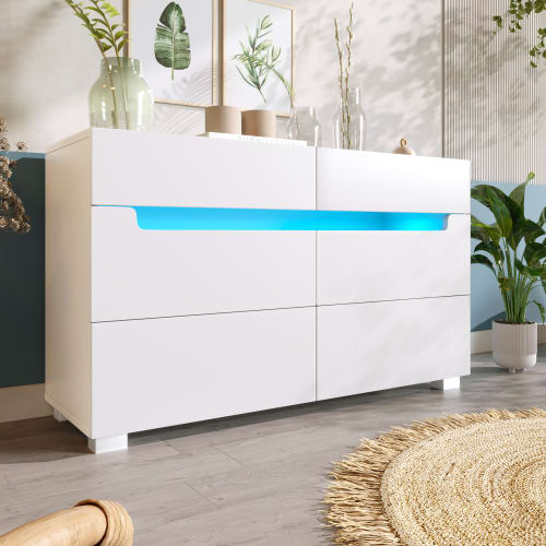 Sideboard Cabinet Dresser With 6 Drawers,Storage With RGB LED App Control, Sideboard With Cut-out Handles, 6-drawers Chest Of Drawers, 71 X 120 X 40 Cm, White view 27