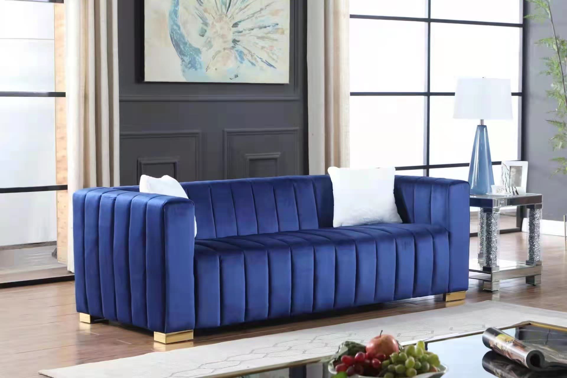 A Modern Channel Sofa Take On A Traditional Chesterfield,Navy Blue Color,3 Seater view 4