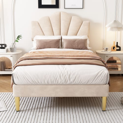 Velvet Upholstered Bed,Single Bed-3ft 90x190cm, Shell-like Bed With Golden Iron Legs, Wooden Slatted Frame, Upholstered Bench With Storage Space 90x40x42cm view 19