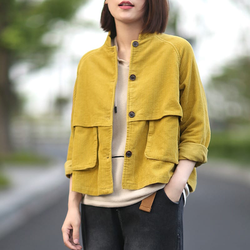 Short Stand Collar Long Sleeve Corduroy Jacket view 5